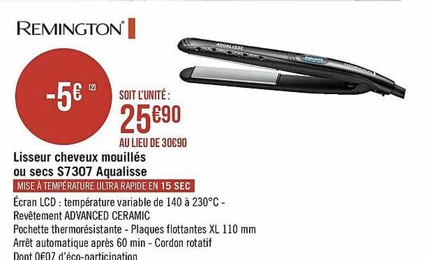 lisseur cheveux mouillés ou secs s7307 aqualisse remington