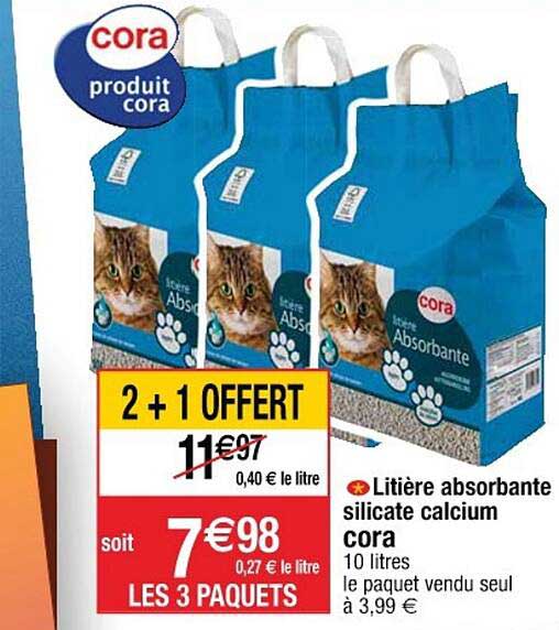 litière absorbante silicate calcium cora 2+1 offert
