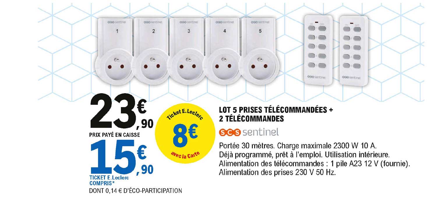 lot 5 prises télécommandées + 2 télécommandes scs sentinel