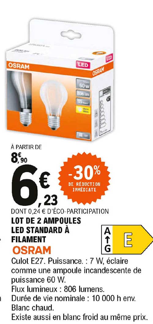 Lot De 2 Ampoules Led Standard à Filament Osram -30% De Réduction Immédiate