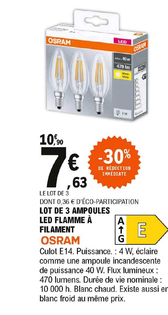 lot de 3 ampoules led flamme à filament osram -30% de réduction immédiate