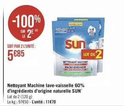 nettoyant machine lave-vaisselle 60% d'ingrédients d'origine naturelle sun