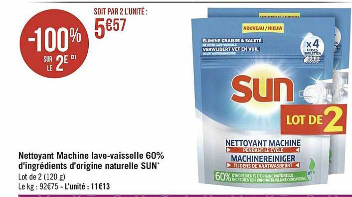 nettoyant machine lave-vaisselle 60% d'ingrédients d'origine naturelle sun