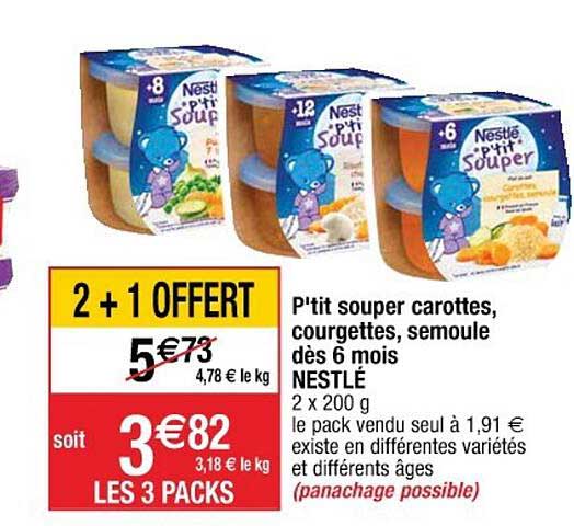 p'tit souper carottes courgettes semoule dès 6 mois nestlé 2+1 offert