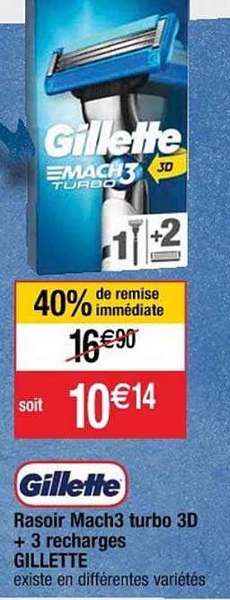 rasoir mach3 turbo 3d + 3 recharges gillettes 40% de remise immédiate
