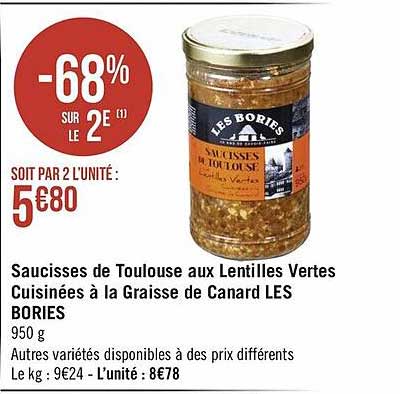 saucisses de toulouse aux lentilles vertes cuisinées à la graisse de canard les bories