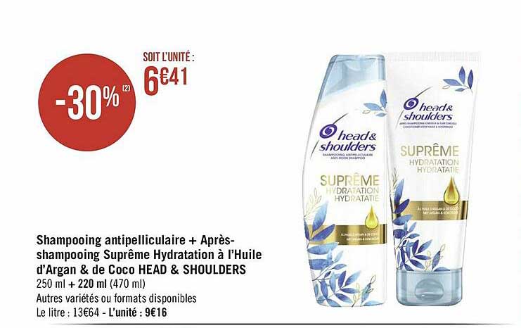 shampooing antipelliculaire + après-shampooing suprême hydratant à l'huile d'argan & de coco head & shoulders