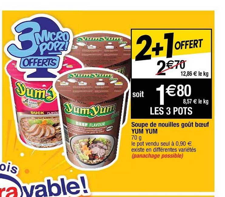 soupe de nouilles goût bœuf yum yum 2+1 offert