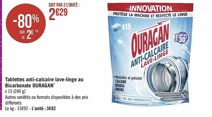 tablettes anti-calcaire lave-linge au bicarbonate ouragan