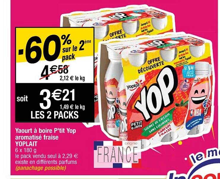 Yaourt à Boire P'tit Yop Aromatisé Fraise Yoplait -60% Sur Le 2ème Pack