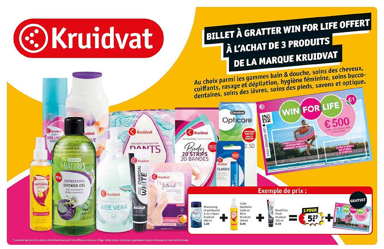 billet à gratter win for life offert à l'achat de 3 produits de la marque kruidvat