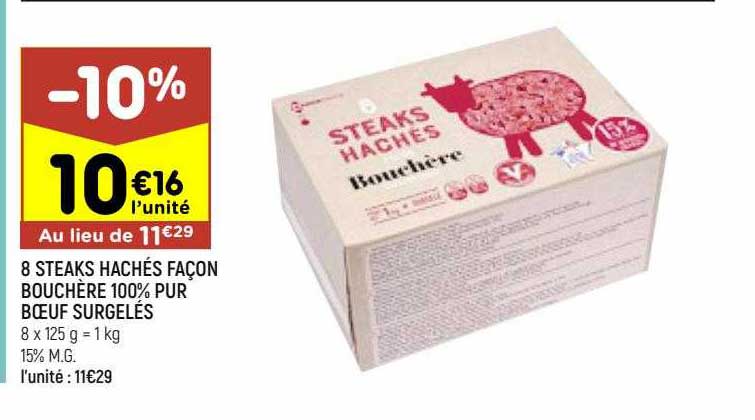 8 steaks hachés façon bouchère 100% pur boeuf surgelés