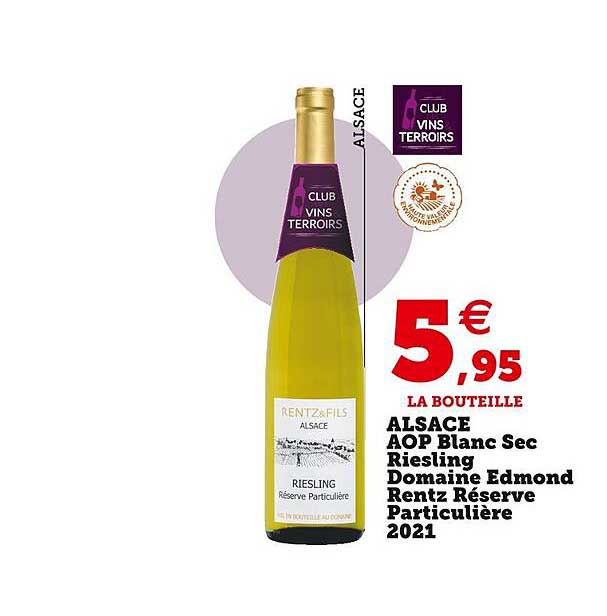 alsace aop blanc sec riesling domaine edmond rentz réserve particulière 2021