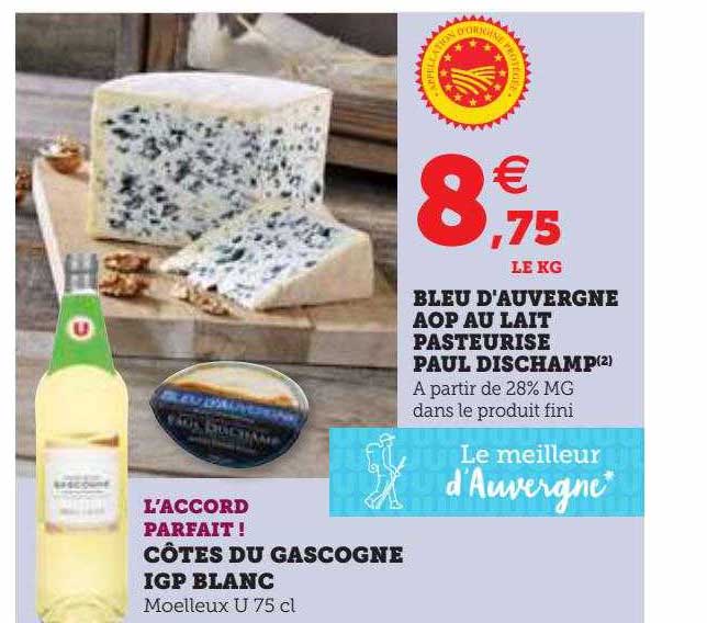 bleu d'auvergne aop au lait pasteurisé paul dischamp, côtes du gascogne igp blanc
