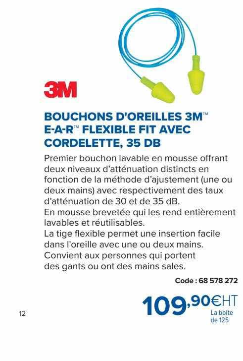 bouchons d'oreilles 3m e-a-r flexible fit avec cordelette, 35 db