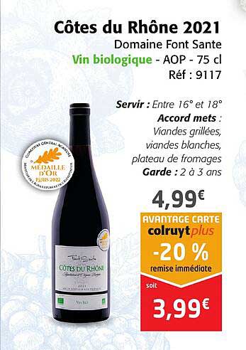 côtes du rhône 2021 domaine font sante vin biologique - aop