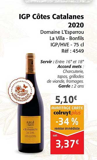 igp côtes catalanes 2020 domaine l'esparrou la villa - bonfils igp-hve
