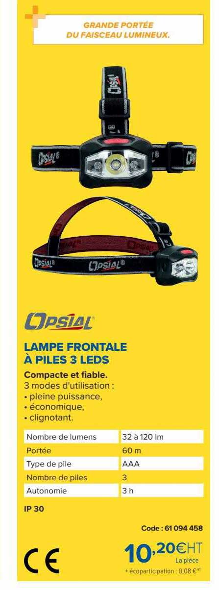 lampe frontale à piles 3 leds opsial