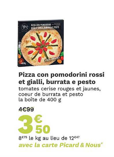 pizza con pomodorini rossi et gialli, burrata e pesto