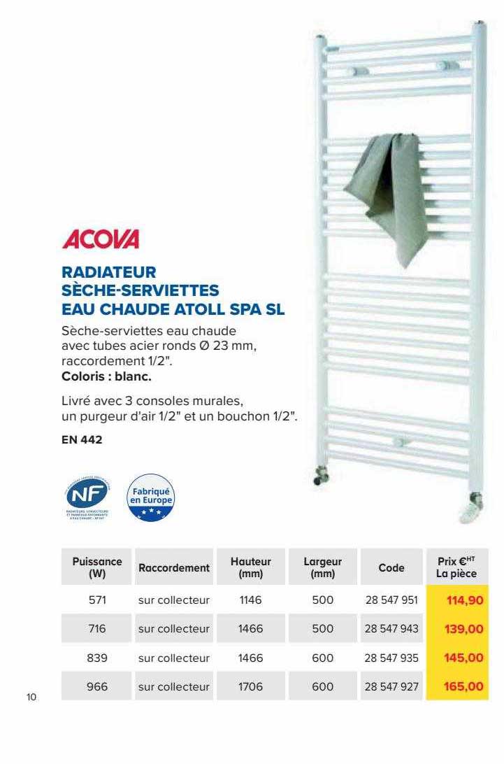 radiateur sèche-serviettes eau chaude atoll spa sl acova