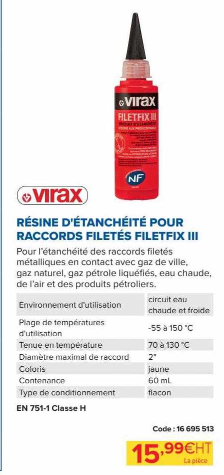 résine d'étanchéité pour raccords filetés filetfix III virax