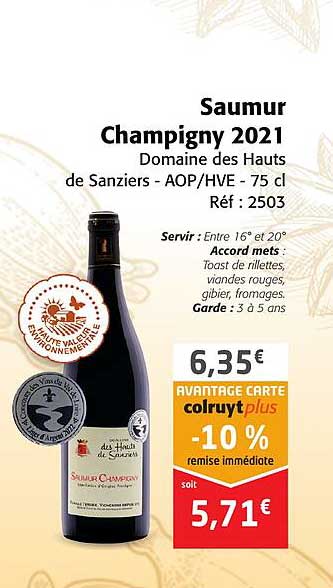 saumur champigny 2021 domaine des hauts de sanziers - aop-hve