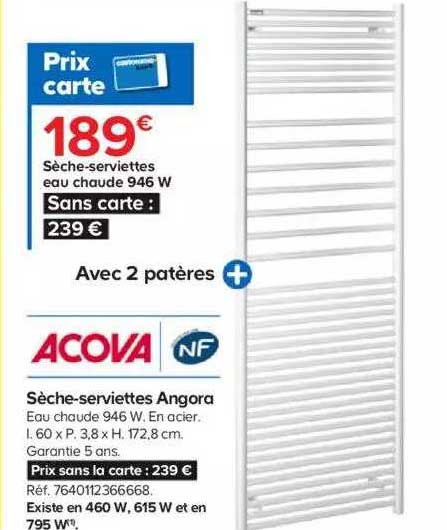 sèche-serviettes eau chaude 946w angora acova