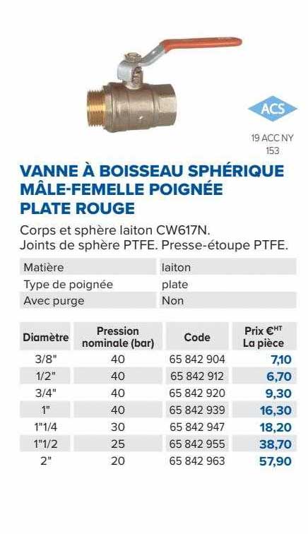 vanne à boisseau sphérique mâle-femelle poignée plate rouge