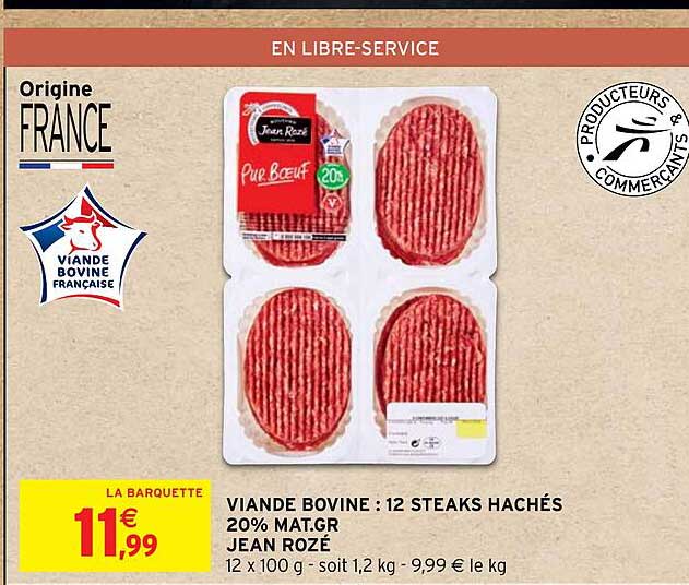 viande bovine : 12 steaks hachés 20% mat. gr. jean rozé