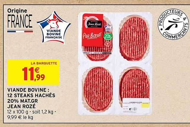 viande bovine : 12 steaks hachés 20% mat.gr jean rozé