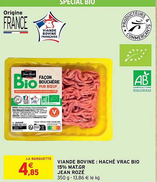 viande bovine : haché vrac bio 15% mat. gr. jean rozé