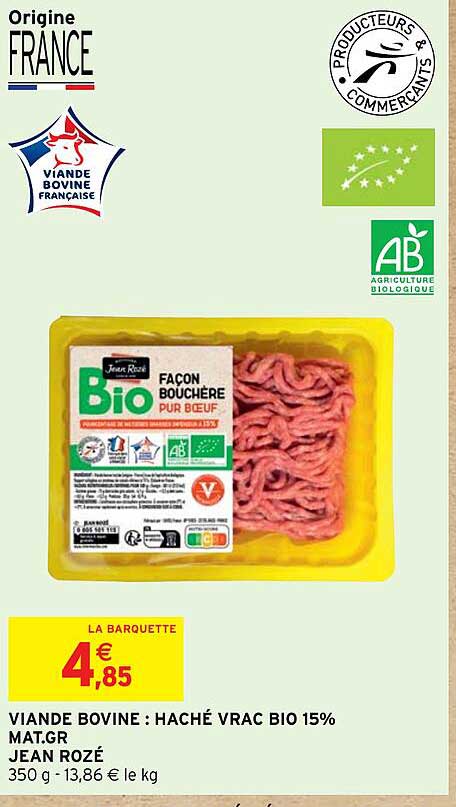 viande bovine : haché vrac bio 15% mat.gr jean rozé