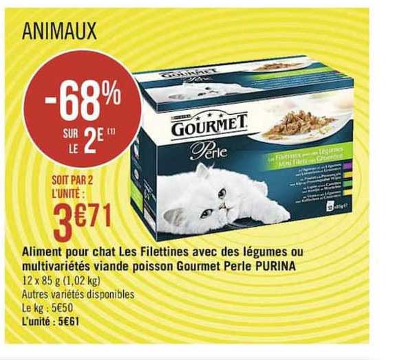aliment pour chat les filettines avec des légumes ou multivariétés viande poisson gourmet perle purina -68% sur le 2è