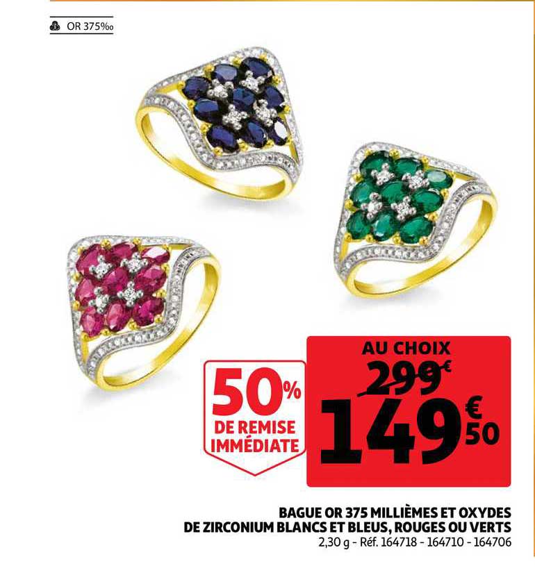 bague or 375 millième et oxydes de zirconium blancs et bleus, rouges ou verts