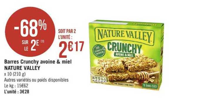 barres crunchy avoine&miel nature valley -68% sur le 2è