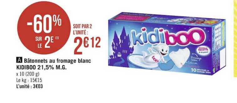 bâtonnets au fromage blanc kidiboo 21.5% m.g. -60% sur le 2è