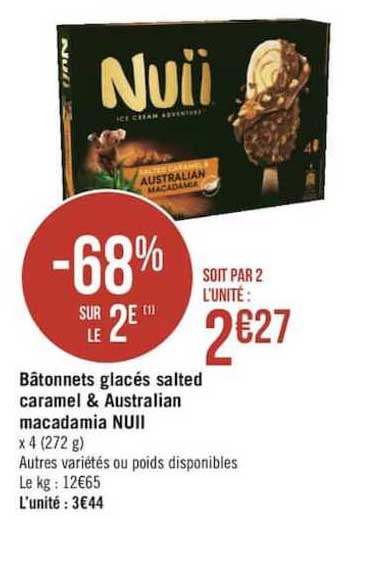 bâtonnets glacés salted caramel & australian macadamia nuii -68% sur le 2è