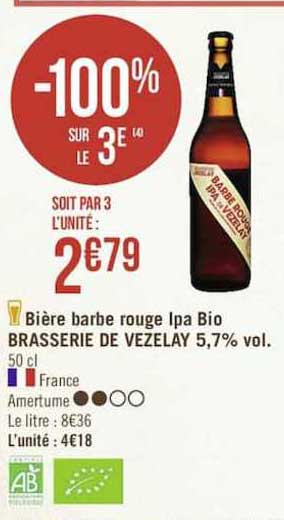 bière barbe rouge ipa bio brasserie de vezelay 5.7% vol. -100% sur le 3e