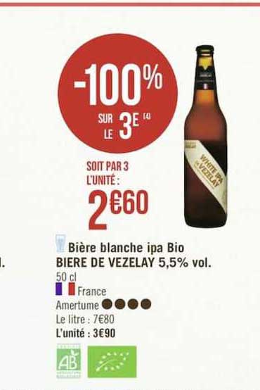 bière blanche ipa bio bière de vezelay 5.5% vol. -100% sur le 3e