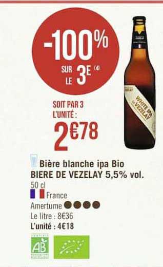 bière blanche ipa bio bière de vezelay 5.5% vol. -100% sur le 3e