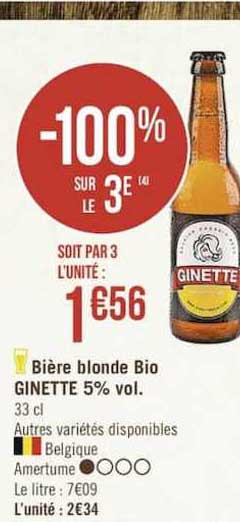 bière blonde bio ginette 5% vol. -100% sur le 3e