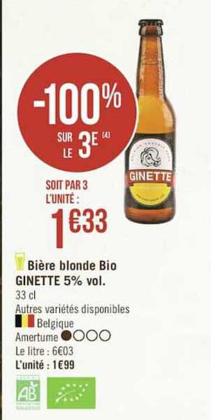 bière blonde bio ginette 5% vol. -100% sur le 3e