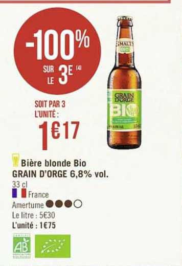 bière blonde bio grain d'orge 6.8% vol. -100% sur le 3e
