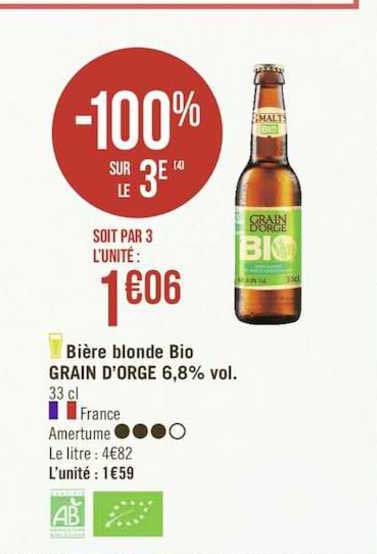 bière blonde bio grain d'orge 6.8% vol. -100% sur le 3e