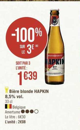 bière blonde hapkin 5.5% vol. -100% sur le 3e