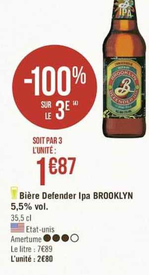 bière defender ipa brooklyn 5.5% vol. -100% sur le 3e
