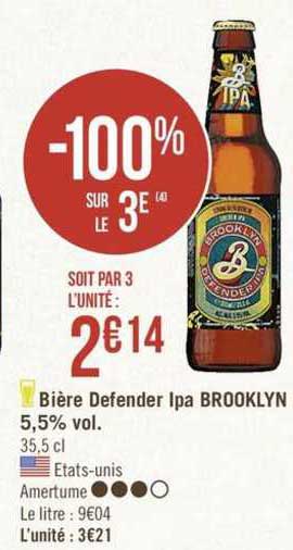 bière defender ipa brooklyn 5.5% vol. -100% sur le 3e