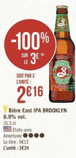 bière east ipa brooklyn 6.9% vol. -100% sur le 3e