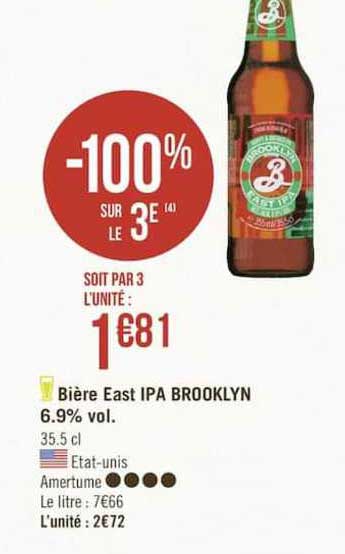 bière east ipa brooklyn 6.9% vol. -100% sur le 3e