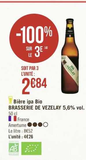 bière ipa bio brasserie de vezelay 5.6 % vol. -100% sur le 3e